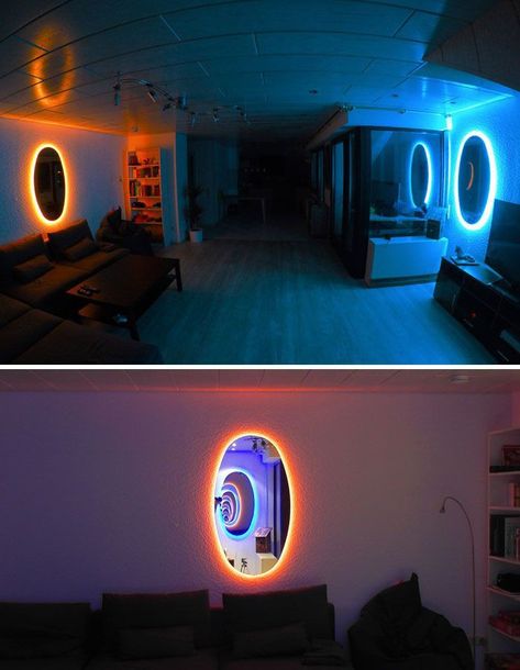 LED lights with great colors for the mood... Portal Mirror, Gamer Room Diy, Simple Bed Designs, Aperture Science, Designer Bedroom, Recreational Room, Portal 2, Gaming Room Setup, Furniture Sofa