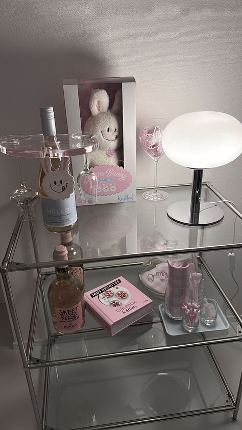 Chrome Decor Aesthetic, Chrome Room Aesthetic, Pink Silk Room Aesthetic, Cybercore Minimalist Room, Pink Bedside Table, Messy Pink Room Aesthetic, Bedside Table Aesthetic, Korean Core, Pink Bedside Tables