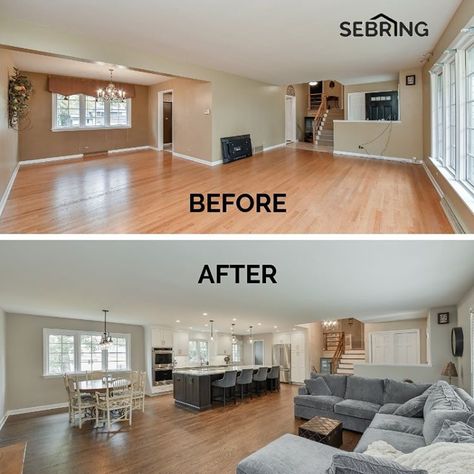 BEFORE & AFTER: We remodeled this kitchen and living room by opening up the space and turning it into one room. An open floor plan… Open Up Kitchen To Living Room Before And After, Open Floor Plan Living Room And Kitchen Remodel, Small Split Level Kitchen Remodel, Open Kitchen Dining Living Room Layout, Open Floor Plan Living Room And Kitchen Mobile Home, Diy Open Floor Plan Before And After, Opening Up Floor Plan Before And After, Open Plan Kitchen Living Room L Shape, Flooring Before And After