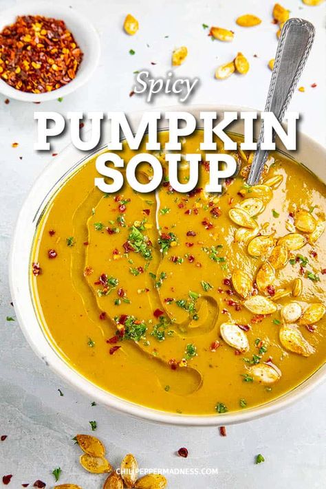 Spicy Pumpkin Soup Recipe, Best Pumpkin Soup Recipe, Oven Roasted Pumpkin Seeds, Best Pumpkin Soup, Spicy Soup Recipes, Spicy Pumpkin Soup, Soup Spicy, Butternut Soup, Recipe Soup