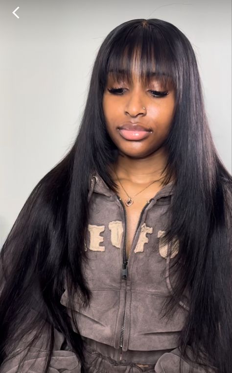 Straight Wig Bangs, Chinese Bangs Frontal Wig, Chinese Bangs Sew In, Straight Bangs Black Women, Wigs With Fringe Bangs Black Women, Closure Bangs Sew In, Bang Closure Wig, Bussdown With Bangs, Edgy Hair Black Women