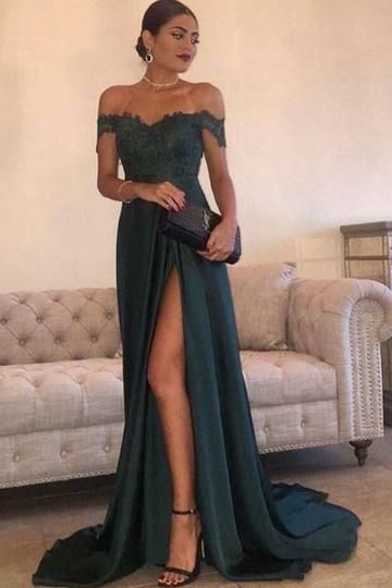 Side Split Prom Dress, Dark Green Prom Dresses, Prom Dress Green, Green Evening Gowns, Split Prom Dresses, Green Prom, Prom Dresses For Teens, A Line Prom Dresses, Green Prom Dress