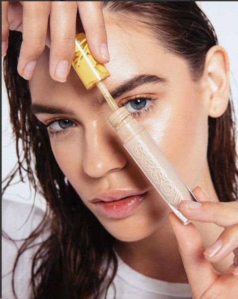 Model Holding Product, Holding Product, Eyebrow Routine, Tinted Gloss, Natural Beauty Brands, How To Apply Concealer, Creamy Concealer, How To Apply Mascara, Beauty Shoot