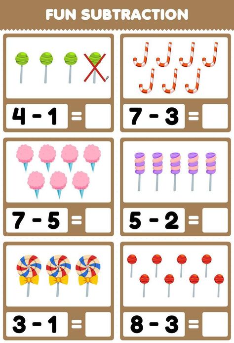 Education game for children fun subtraction by counting and eliminating cartoon food candy worksheet Worksheet Tk, Fun Phonics Activities, Subtraction Activities, Candy Food, Food Ad, Game For Children, First Day Of School Activities, Cartoon Food, Subtraction Worksheets