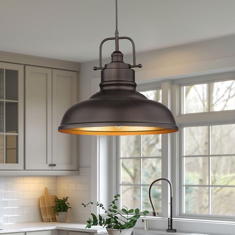 Add a touch of vintage charm with this Industrial Farmhouse Single Dome Pendant Light in an oil rubbed bronze finish. Bronze Light Fixture Kitchen, Oil Rubbed Bronze Light Fixtures Kitchen, Industrial Farmhouse Kitchen Pendant Lights, Oil Rubbed Bronze Light Fixtures, Farmhouse Pendant Lighting Islands Lowe's, Kitchen Sink Pendant, Kitchen Sink Pendant Light, Farm House Kitchen Island Lights, Farmhouse Lighting Fixtures