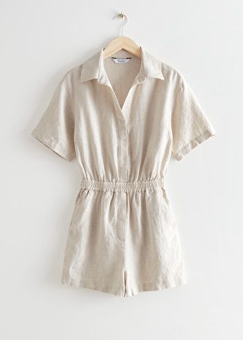 Collared Linen Romper - Sand - Jumpsuits & Playsuits - & Other Stories US Other Stories Dress, Strap Sandals Flat, Feminine Wardrobe, University Outfit, Linen Romper, Linen Shirt Dress, Linen Style, Jumpsuit Trousers, Mode Inspo