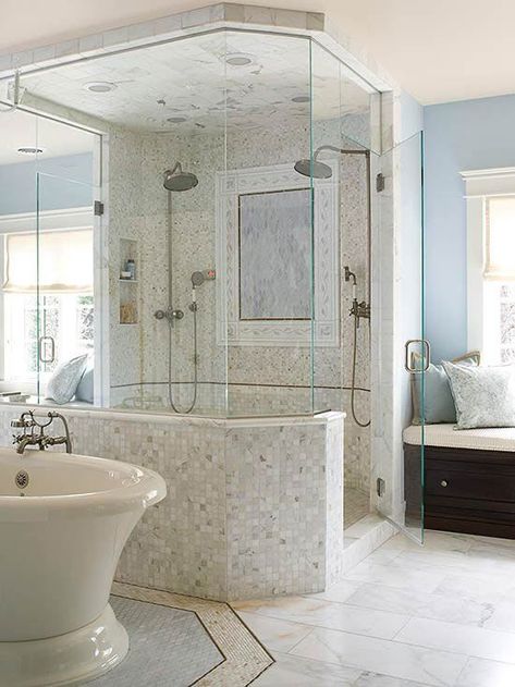 11 Amazing Double Showers With Top-of-the-Line Details and Style Two Person Shower, Master Bath Shower, Double Shower, Luxury Shower, Master Bath Remodel, Up House, Shower Stall, Wet Rooms, Bathroom Remodel Master