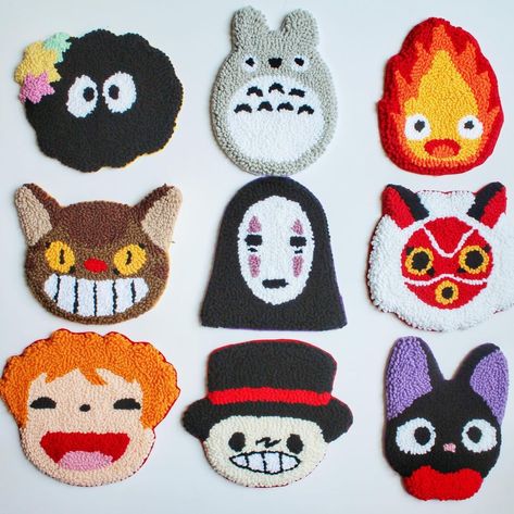 Anime Punch Needle, Anime Coasters, Anime Carpet, Coaster Aesthetic, Tufted Coaster, Totoro Ghibli, Punch Needle Coasters, Punch Needle Coaster, Pottery Coasters