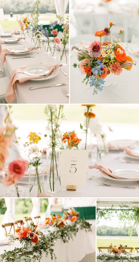 Colorful summer wedding inspiration for an intimate wedding in Indiana Bright Color Wedding Theme Decor, Summer Bright Wedding Colors, Colorful Simple Wedding Decor, Summer Wedding Long Table Decor, Colorful June Wedding Flowers, Wedding Table Centerpieces Summer, Indoor Wildflower Wedding, Summer Wedding Decor Ideas, Colorful Flowers Wedding Table