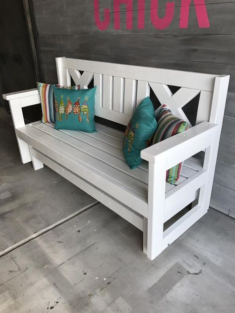 Farmhouse Outdoor Glider Bench - buildsomething.com Outdoor Glider Bench, Glider Bench, Diy Bank, Outdoor Glider, White Bench, Farmhouse Outdoor, Farmhouse Chairs, Woodworking Bench Plans, Wood Crafting Tools