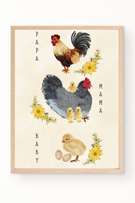 4 watercolor farmhouse nursery prints showcasing papa, mama, and baby of various animals. Animals include: chicken, pig, cow, and horse. Wall art also includes watercolor floral accents in yellow, pink, and blue. Farm Animal Nursery Theme Gender Neutral, Chicken Nursery Theme, Nursery Ideas Farm, Farmhouse Baby Nursery, Chicken Nursery, Farm Girl Aesthetic, Farm Animals Nursery Theme, Nursery Must Haves, Farm Theme Nursery