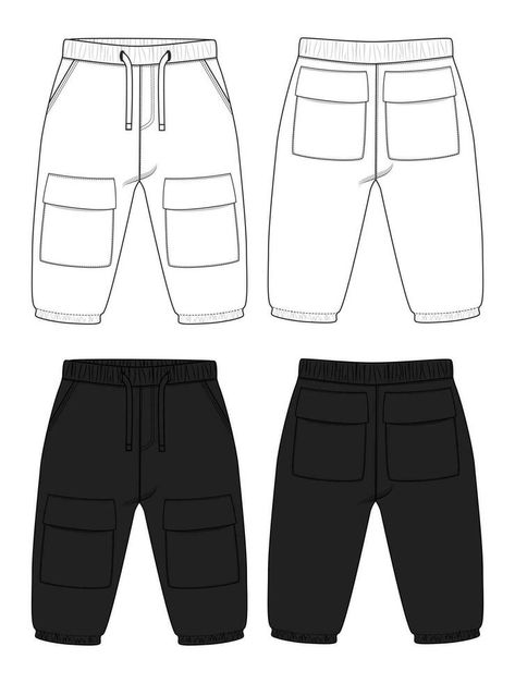 Fleece cotton jersey basic Sweat pant technical drawing fashion flat sketch template front and back views. Apparel jogger pants vector illustration White and Black color mock up for kids and boys. Technical Drawing Fashion, How To Draw Pants, Flat Sketch Template, Fashion Flat Sketch, Fashion Sketch Template, Pants Drawing, Sketch Template, Boys Joggers, Drawing Fashion