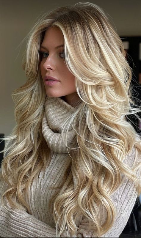 Long Blonde Color Ideas, Hairstyles Long Blonde Hair, Big Southern Curls, Blond Hair With Layers, Long Blonde Hair Side Part, Voluminous Layers, Long Blonde Layered Hair, Long Blonde Hair With Layers And Bangs, Old Money Blonde Medium Length