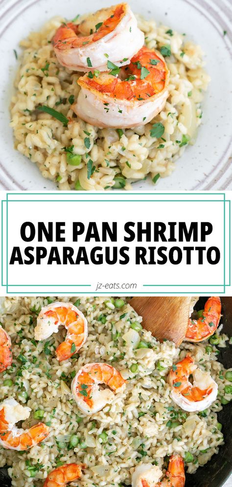 shrimp asparagus risotto in a pan and in a white bowl Shrimp Asparagus Pasta, Shrimp Asparagus, Lemon Pepper Shrimp, Asparagus Risotto, Asparagus Dishes, Shrimp Risotto, Pan Shrimp, Seafood Risotto, Best Seafood Recipes