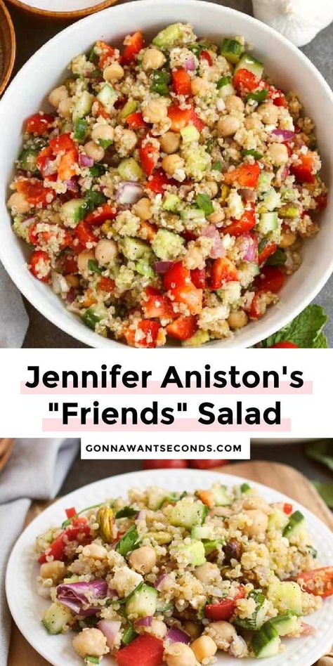 *NEW* This quinoa salad is a variation on the now-famous "Friends Salad," which Jennifer Aniston ate every day for 10 years on the set of Friends. #quinoasalad #saladrecipes Warm Quinoa Salad, Friends Salad, Jennifer Aniston Salad Recipe, Jennifer Aniston Salad, Aniston Salad, Easy Quinoa Salad, Mediterranean Diet Recipes Dinners, Easy Quinoa, Mediterranean Quinoa Salad