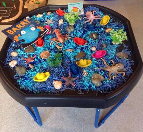 Under the sea tuff tray. Added shredded papers, shells, sea creatures, boats, pebbles. Along with a treasure chest and sea creatures home made book added later. Worked amazingly. Boat Tuff Tray Ideas, Under The Sea Tough Tray, Ocean Tuff Tray Ideas, Under The Sea Tuff Tray Ideas Eyfs, Seaside Tuff Tray Ideas, Under The Sea Tuff Tray Ideas, Sea Tuff Tray, Under The Sea Tuff Tray, Under The Sea Eyfs