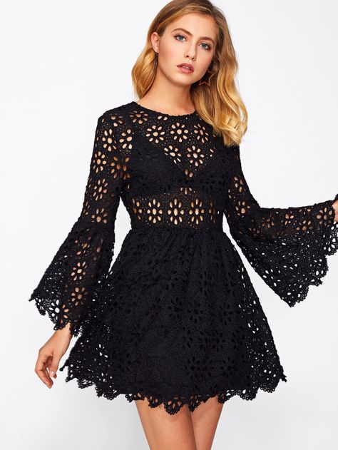 Shop Trumpet Sleeve Hollow Out Guipure Lace Dress  online. SheIn offers Trumpet Sleeve Hollow Out Guipure Lace Dress  & more to fit your fashionable needs. Guipure Dress, Flare Sleeves Pattern, Guipure Lace Dress, Simply Dress, Flare Sleeve Dress, Trumpet Sleeve, Skater Dresses, Crochet Summer, Short Cocktail Dress