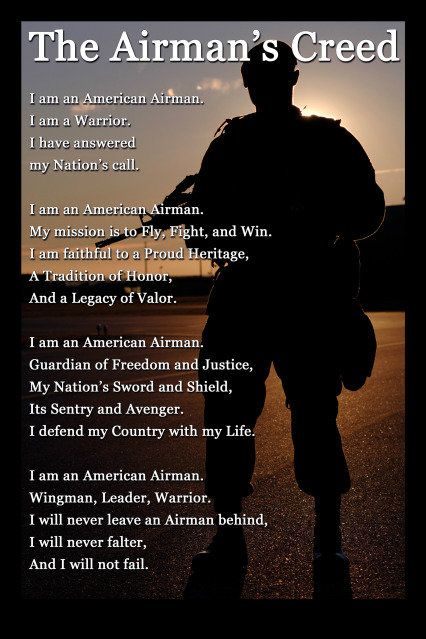 Air Force Creed... While this doesn't exactly pertain to my time in the Air Force, I would have been proud to live it.  USAF! Air Force Love, Wall Office Decor, Air Force Families, Air Force Military, Military Decor, Wall Office, Military Pride, Military Quotes, Air Force Mom