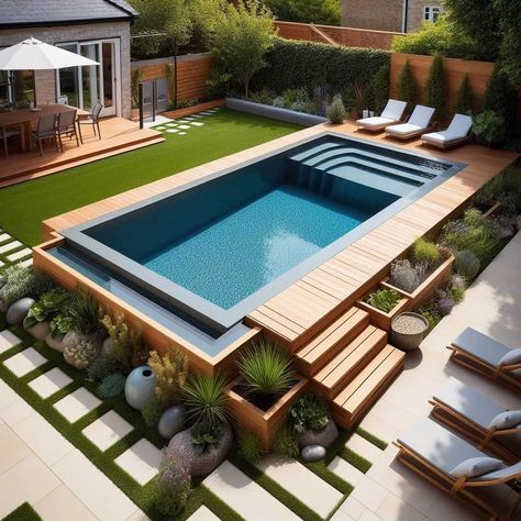 Home Modern Pool Small Backyard, Small Swimming Pool With Jacuzzi, Small Backyard Natural Pool, Big Pool Small Backyard, Tiny Yard With Pool, Container Pools, Small Backyard Pool Ideas, Geometric Pools, Small Backyard Pool