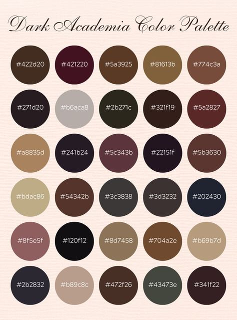 Free dark academia color palette hex codes: 30 dark and moody shades with academic vibes for Procreate, Photoshop, Canva and interior design. 😍 Academia Color Palette Hex Codes, Academia Color Palette, Dark Academia Color Palette, Color Palette Hex Codes, Dark Academia Color, Dark Academia Interior, Dark Acadamia, Digital Notes, Hex Color Palette Academia Color Palette Hex Codes, Color Palette Dark Academia, Dark Academia Style Guide, Academia Color Palette, Dark Academia Color Palette, Color Palette Hex Codes, Dark Academia Painting, Dark Academia Color, Dark Academia Home Decor