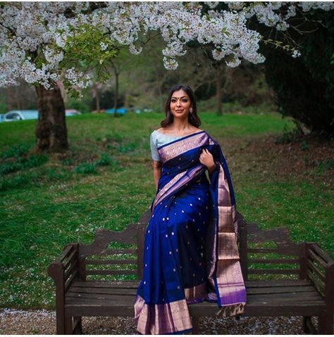 Blue Color Blouse Designs, Color Blouse Designs, South Indian Bride Saree, Blue Blouse Designs, Blue Silk Saree, Kanjivaram Sarees Silk, Bridal Sarees South Indian, Indian Sari Dress, Indian Bridal Sarees