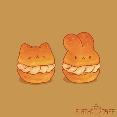 Animals With Food Drawing, Cream Puffs Drawing, Cream Puff Illustration, Cream Puff Drawing, Cute Food Art Drawing, Kawaii Food Animals, Cute Food Illustration, Chibi Food, 귀여운 음식 그림