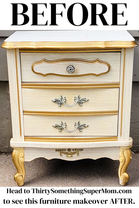 Before and After Furniture Makeover Three Drawer Nightstand Makeover, Repurpose Nightstand Ideas, Old Night Stand Makeover, Refurbished Night Stand Ideas, Nightstand Ideas Diy, Refurbished Night Stand, Painted Nightstand Ideas, Nightstand Makeover Diy, Before And After Furniture Makeover