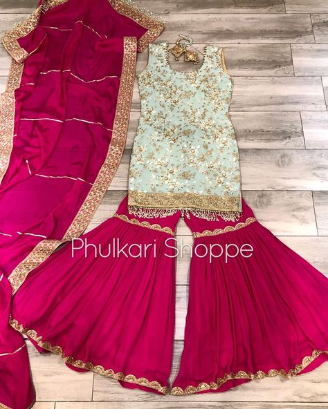 Hot Pink Sharara, Pink Sharara, Indian Kurti Designs, Indian Kurti, Sharara Suit, H U, Sharara Set, See Videos, Lehenga Designs