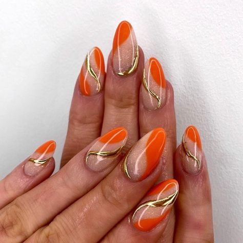 Gold And Orange Nails, Fall Nail Colors Orange, Orange Nails With Design, Nail Colors Orange, Nail Ideas Orange, Orange Nail Art Designs, Orange Nails Fall, Abstract Nail Art Designs, Orange Nail Design