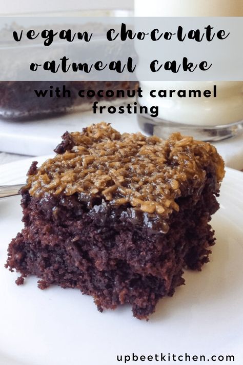 Vegan Chocolate Oatmeal Cake with Coconut Caramel Frosting is moist, fudgey, and decadent. Made with wholesome ingredients like oats and coconut sugar. #veganchocolatecake #chocolateoatmealcake #vegandessert #vegancake Vegan Chocolate Oatmeal, Chocolate Oatmeal Cake, Cake With Coconut, Oatmeal Cake, Daisy Cakes, Coconut Frosting, Vegan Chocolate Cake, Chocolate Oats, Vegan Cakes