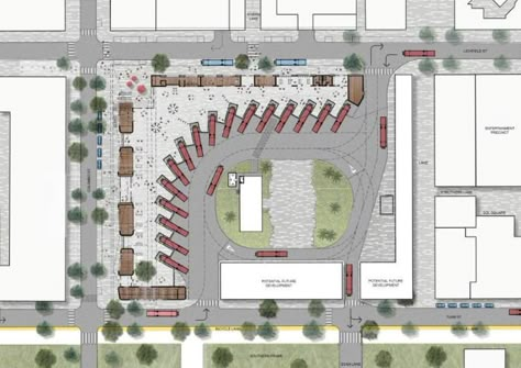 Plan layout of the new interchange (c/ CCDU) Parking Plan, Site Development Plan, Bus Stop Design, Terminal Bus, Parking Building, Building Design Plan, Train Station Architecture, Loading Dock, Plan Layout