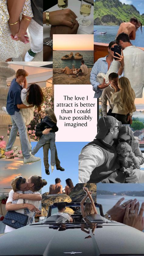 The love I attract is better than I could have possibly imagined #love #loveaesthetic #wallpaper #collageaesthetic #collagewallpaper Attracting Love Wallpaper, Dream Husband Pictures, Couple Manifestation Wallpaper, Manifest Love Vision Board, Vision Board For Love Life, Manifestation For Marriage, Marriage Manifestation Wallpaper, Manifesting Love Wallpaper, Life Partner Vision Board