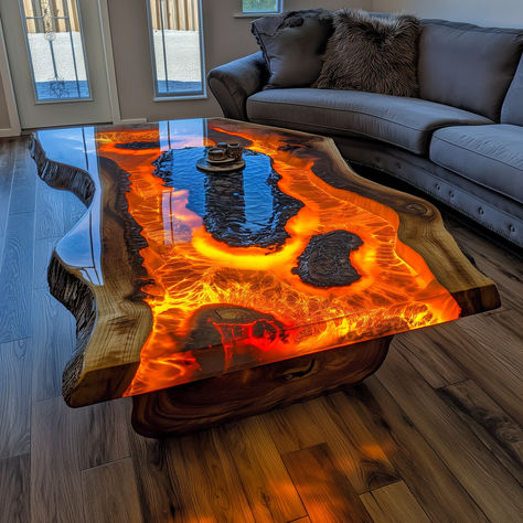 VOLCANIC LAVA THEMED RESIGN TABLE Lava Epoxy Table, Epoxy Tables, Epoxy Wood Table, Wood Resin Table, Epoxy Ideas, Epoxy Art, Resin Table, Wood Resin, Living Room Diy