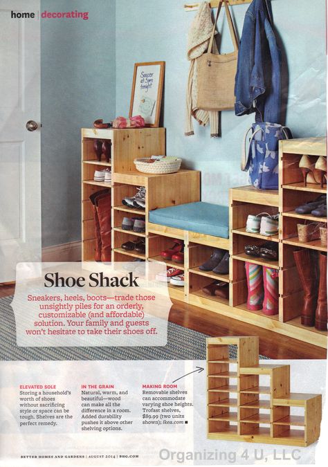 We found this system in the August 2014 issue of Better Homes & Gardens magazine, and thought it would also be good inspiration for a closet. Ikea Raskog, Diy Headboard Upholstered, Diy Playroom, Ikea Trofast, Room Store, Ikea Ivar, Shoe Shelves, Slatted Headboard, Kallax Ikea