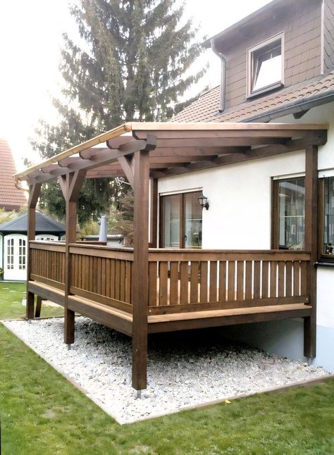 Wood Veranda, Wood Balcony, Home Building Kits, Deck Railing Ideas, Mobile Home Exteriors, Wooden Terrace, Railing Ideas, Patio Deck Designs, Front Porch Design