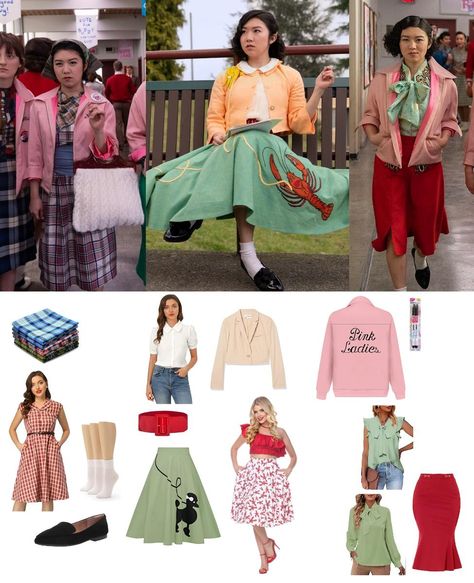 Rise Of The Pink Ladies Outfits, Cynthia Pink Ladies, Pink Ladies Grease Wallpaper, Rise Of The Pink Ladies Olivia, Grease Pink Ladies Jacket, Pink Lady Costume, Pink Ladies Jacket, Grease Rise Of The Pink Ladies Cynthia, Pink Ladies Outfit