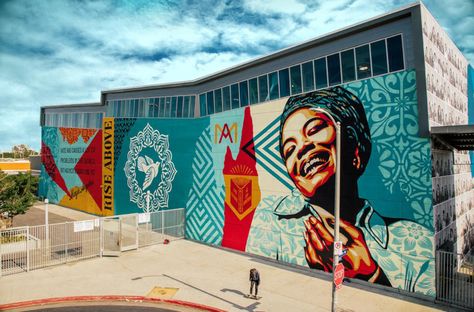 Los Angeles Street, School Murals, Street Mural, Friday Evening, Shepard Fairey, Arts District, Rise Above, Mural Wall Art, Maya Angelou