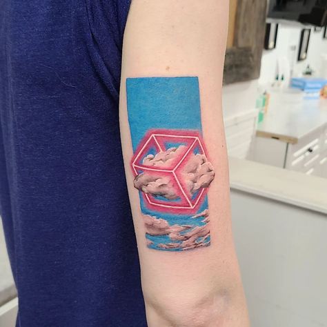 Pink Clouds Tattoo, Neon Tattoos, Vaporwave Tattoo, Green Traffic Light, Cloud Tattoo Design, Neon Tattoo, Uv Tattoo, Cloud Tattoo, Ocean Tattoos