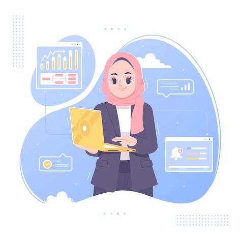 Working With Laptop, Hijab Drawing, Education Poster Design, Eid Card Designs, Islamic Cartoon, Fruit Photography, Concept Illustration, Break Time, Islamic Artwork