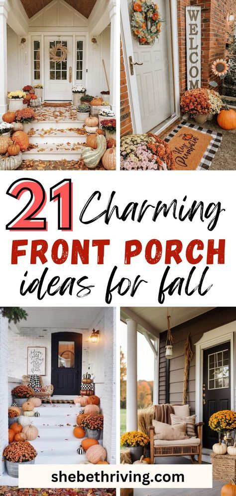 25 Cozy Fall Front Porch Decor Ideas You'll Definitely Love - She Be Thriving Fall Front Porch Steps Decor, Autumnal Porch Decor, Fall Front Porch With Ferns, Front Porch Pew Decor, Porch Steps Fall Decor, Exterior Fall House Decor, Townhouse Fall Decor Outside, Vintage Front Porch Decor, Front Step Fall Decor Ideas