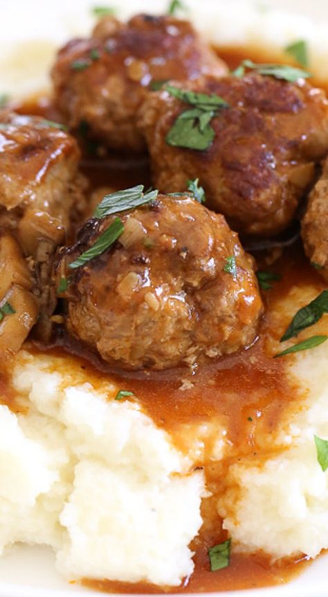 Salisbury Steak Meatballs (Instant Pot, Stove Top, Slow Cooker) Meatballs Instant Pot, Salisbury Meatballs, Salisbury Steak Meatballs, Turkey Gravy, Mushroom Gravy, Salisbury Steak, Skinny Taste Recipes, Food Tasting, Instapot Recipes