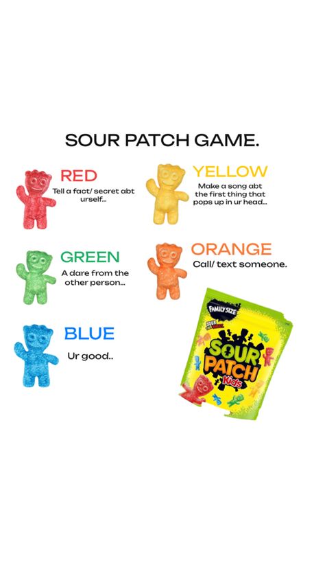 Sleepover Sour patch kids gameee Sleepover Sour Patch Game, Sourpatch Kid Games, Sour Patch Game, Sour Patch Kids Game, Sleepover Ideas For Teenagers, Teenager Activities, Fun Games For Teenagers, Fun Sleepover Activities, Kids Sleepover