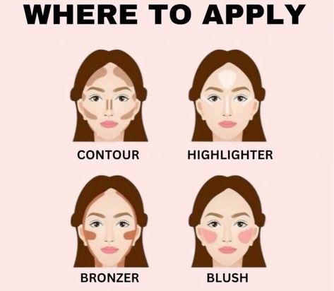 Where Do I Put Contour, Highlighter Bronzer Blush How To Apply, Where Does Contour Go On Your Face, Highlighter And Contour For Beginners, Contour Blush Highlight Makeup Tutorials, Bronzer Highlighter Application, Where To Put Blush And Highlight, Where Do You Put Contour, How To Highlight And Contour