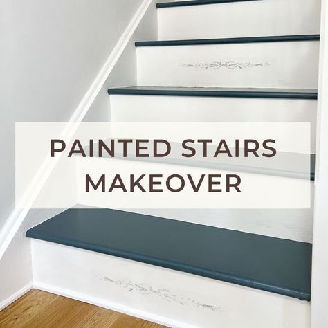 Gray Stairs Painted, Navy Painted Stairs, Staircase Design Painting, Painted Stairs Ideas Staircase Makeover, Painting Indoor Stairs, Painted Interior Stairs, Best Paint For Stairs, Painting Wood Stairs, Painted Steps Ideas Staircases