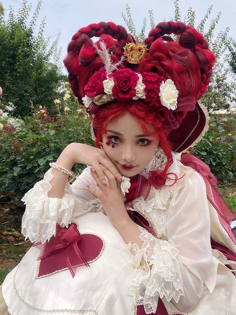 Flowy Hair Reference, Alice In Wonderland Hairstyles Ideas, Cupid Fashion, Angelic Hairstyles, Fitted Kawaii Cosplay Costume With Ruffles, Princesscore Ruffle Dresses For Cosplay, Kawaii Ruffle Dress For Cosplay, Heart Hairstyle, Harajuku Red Ruffled Dress