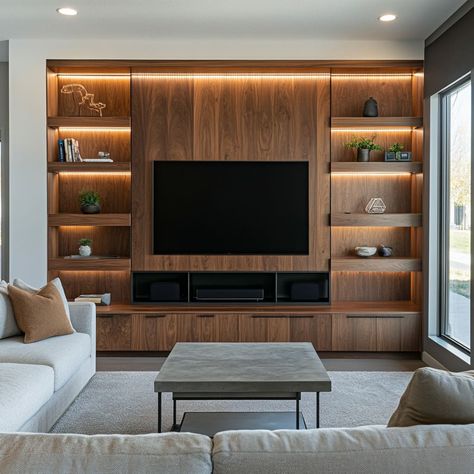 Living Room Tv Wall Minimalist, Oak Media Wall, Tv Wall Cabinets Living Room, Wood Media Wall, Full Wall Entertainment Center, Scandinavian Tv Wall, Lounge Cabinets, Tv Wall Shelving, Tv Wall Unit Designs