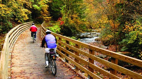 Best time to visit: Mid-October Why it's worth a visit: Named after the train course, the Virginia Creeper is the state's most stunning trail. The path follows the beautiful vistas and vibrant trees of the Blue Ridge Mountains, and gives riders the chance to legally trek to open private properties, offering colorful glimpses into rarely seen areas. In honor of its past, there's even an old train located at Abington. Find more information at vacreepertrail.com. Virginia Creeper Trail, Bicycle Trail, Virginia Creeper, Virginia Is For Lovers, River Trail, Beautiful Bike, Bike Path, Forest Service, Blue Ridge Parkway