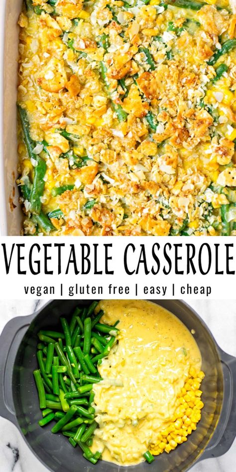 This Vegetable Casserole is easy to make with green beans and corn. All mixed in a creamy sauce which is so satisfying, you never taste it is vegan. Finally you will love the crunchy topping. #vegan #dairyfree #vegetarian #contentednesscooking #dinner #lunch #mealprep #freezermeals #vegetablecasserole Vegan Cornbread Casserole, Vegan Corn Casserole Recipe, Green Beans And Corn, Vegan Casserole Recipes, Baked Meals, Vegan Casseroles, Vegetarian Casserole Recipes, Vegetarian Dinner Party, Diet Dishes