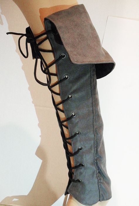 Looking for a Unique Look? - Remember - we do custom orders!  Please just message us to inquire Gray micro suede laced up Spats / boot covers / gaiters length 16" from top to bottom Top part can lace up to the width of 11" - 13" Bottom part (Ankle) can lace up to the width of 8" - 10" great look for renaissance goers  these are ready Made and ready to ship right away Chainmail Diy, Boot Spats, Fairy Boots, Spats Shoes, Diy Boots, Boot Pattern, Handmade Leather Work, Steampunk Boots, Victorian Boots