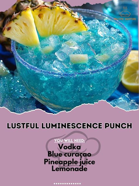 🌟✨ Unleash the magic with Lustful Luminescence Punch! A glowing concoction that dazzles! 🍹✨ #LustfulLuminescence #GlowingPunch Lustful Luminescence Punch Ingredients: Vodka (1 cup) Blue curaçao (1/2 cup) Pineapple juice (2 cups) Lemonade (2 cups) Ice Lemon slices (for garnish) Edible glitter (optional) Instructions: In a punch bowl, combine vodka, blue curaçao, pineapple juice, and lemonade. Stir well and add ice. Garnish with lemon slices and edible glitter. 🌌✨ Light up your night with t... Lemon Alcoholic Beverages, Beachy Drinks, Vodka Blue, Alcohol Beverages, Fun Drinks Alcohol, 62nd Birthday, Special Drinks, Batch Cocktails, Ocean Birthday